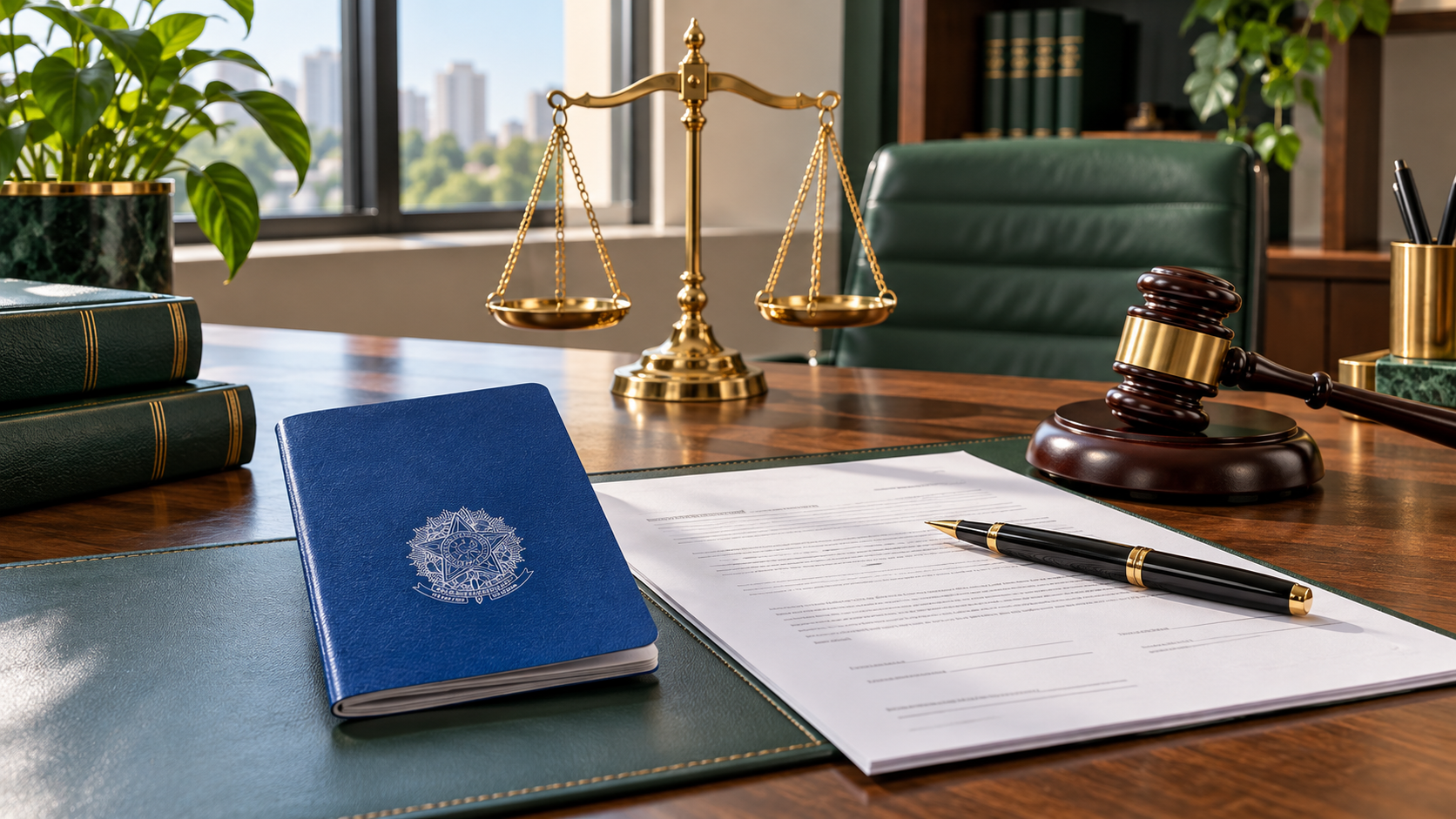 Imagem ilustrativa de carteira de trabalho, documentos e balan&ccedil;a da justi&ccedil;a